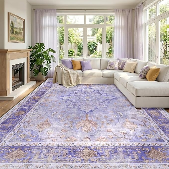 RELEANY Area Rugs 10'x12' Washable Non-Slip, Floral Vintage Distress Print by RELEANY