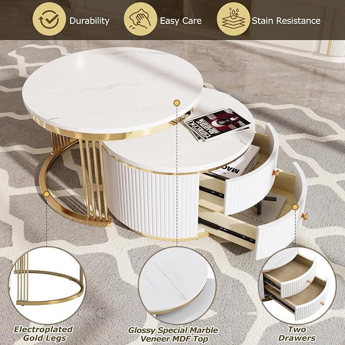 Modern 2 Pieces White Round Nesting Coffee Table - Image 8