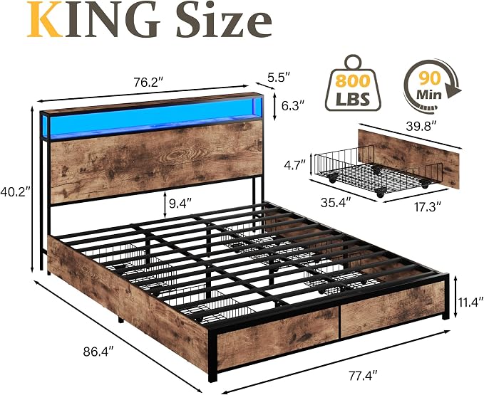 Lifezone Queen Bed Frame with 2-Tier Storage Headboard, Metal Platform Bed - Image 2