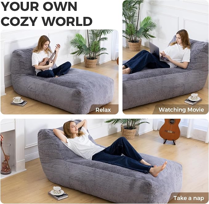 Giant Bean Bag Chair for Adults, Big Faux Fur Plush Bean Bag Lounger, Large - Image 6