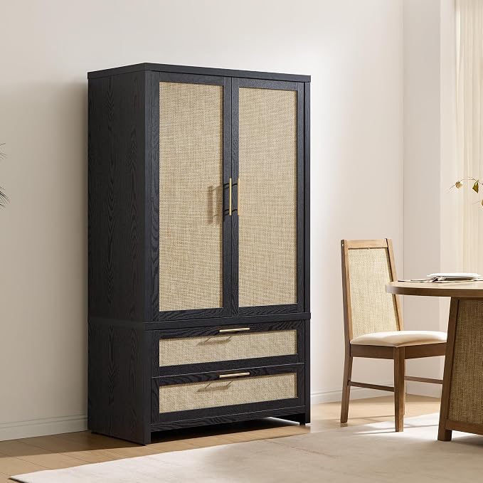 SICOTAS Rattan Armoire Wardrobe Closet Cabinet, 2 Drawers and Hanging Rod - Image 7