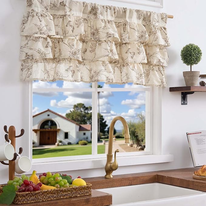 jinchan Ruffled Valance Curtain Linen Floral Kitchen Valance 18 Inch Shabby - Image 2