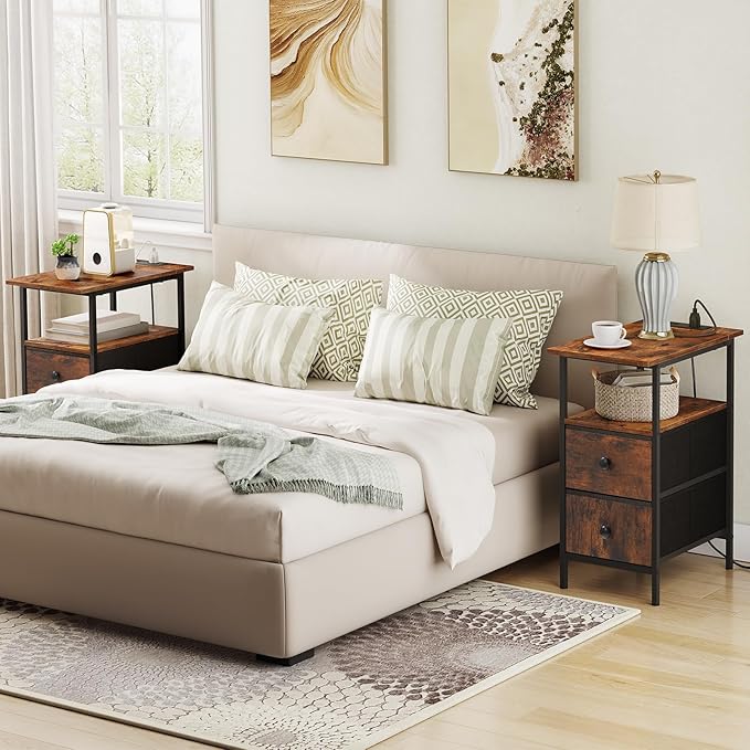HOOBRO End Table with Charging Station, Nightstand with 2 Non-Woven Drawers - Image 6