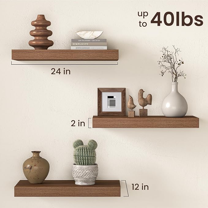 Fun Memories 12 Inch Deep Walnut Floating Shelf, 24 x 12 Rustic Wood Wall Shelf - Image 3