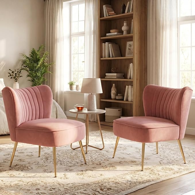 Velvet Accent Chairs Set of 2 Comfy Living Room Chair Armless Slipper Chair Mid - Image 7