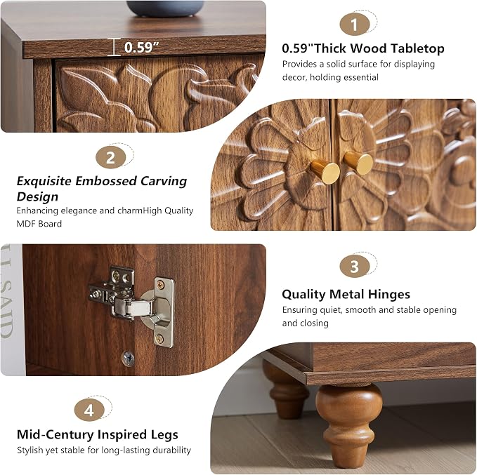 weselon Accent Cabinet with 2 Doors, Farmhouse Carved Buffet Sideboard with - Image 5