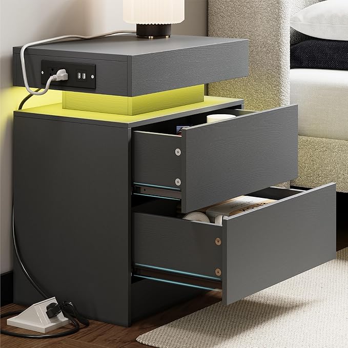 LIKIMIO Night Stand with Charging Station, Modern Grey Nightstand with LED - Image 6