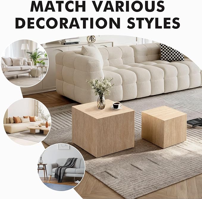 Square Nesting Tables for Living Room, Wood Travertine Veneer Nesting Coffee - Image 7