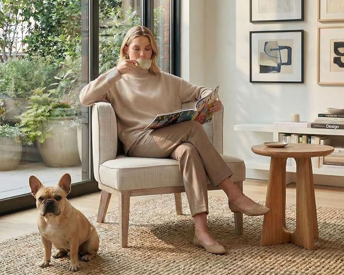 Beige Barrel Chair with Solid Wood Frame, Small Round Accent Chair, Comfy Linen by LIVINOVA