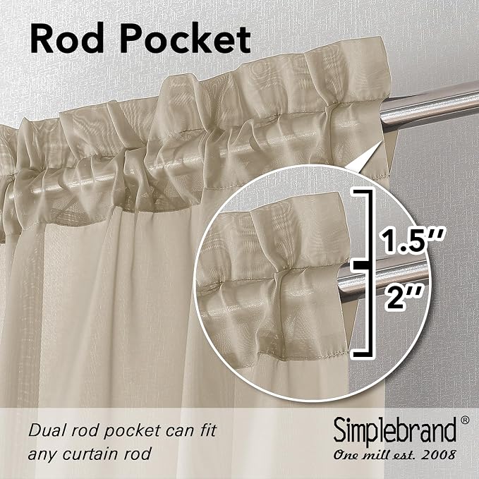 Simplebrand Taupe Sheer Curtains 72 Inches Long 2 Panels, Light Filtering Rod - Image 6