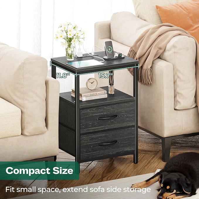 Huuger Nightstand with Charging Station, Fabric Drawers, End Table with Open - Image 5