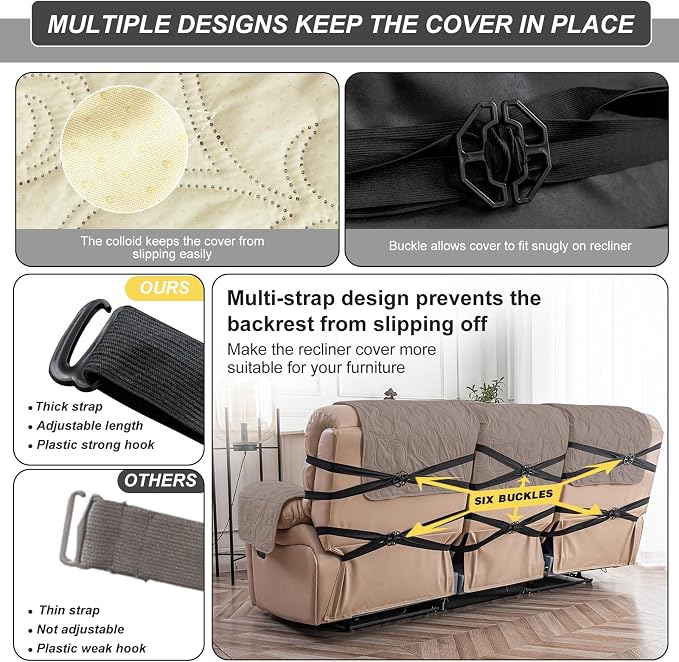 100% Waterproof Recliner Sofa Covers 3 Seater, 6-Piece Split Non-Slip Reclining - Image 5