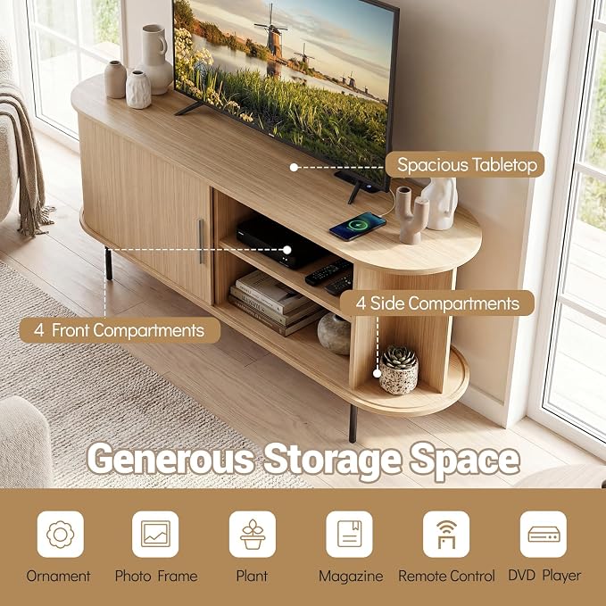 Tangkula Fluted TV Stand for TVs up to 60”, Mid Century Curved Entertainment - Image 9