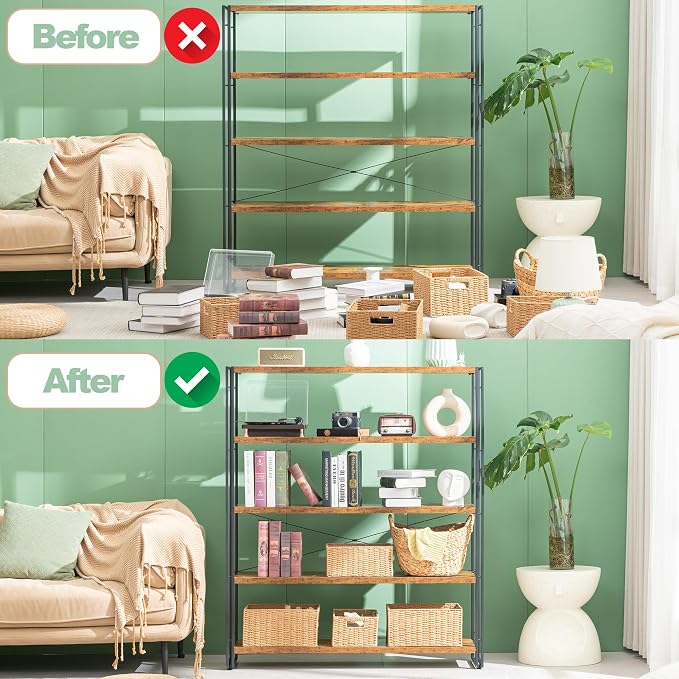 HCHQHS Bookshelf, 5-Tier Industrial Bookcase, Rustic Open Book Shelf, - Image 4