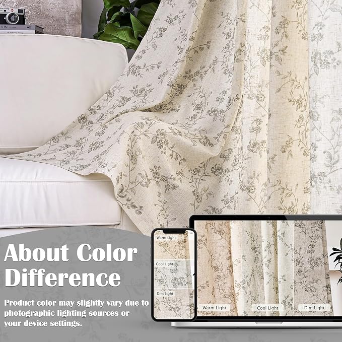 Lazzzy Grey Floral Linen Curtains 84 Inch Length Farmhouse Curtain Back Tab - Image 6
