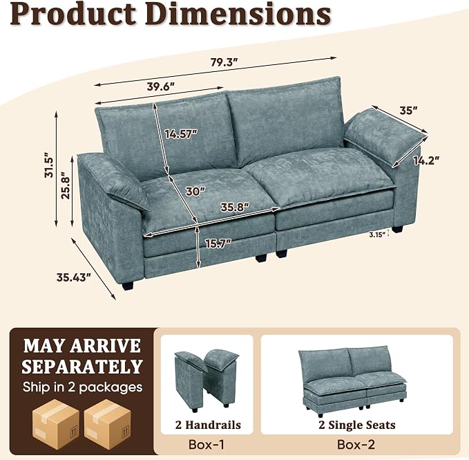 Modern Loveseat Sofa Chenille Cloud Couch - Image 2
