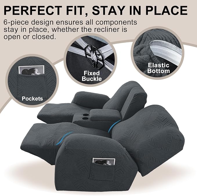 Recliner Loveseat Covers with Console, 6-Piece Stretch Geometric Strokes - Image 4