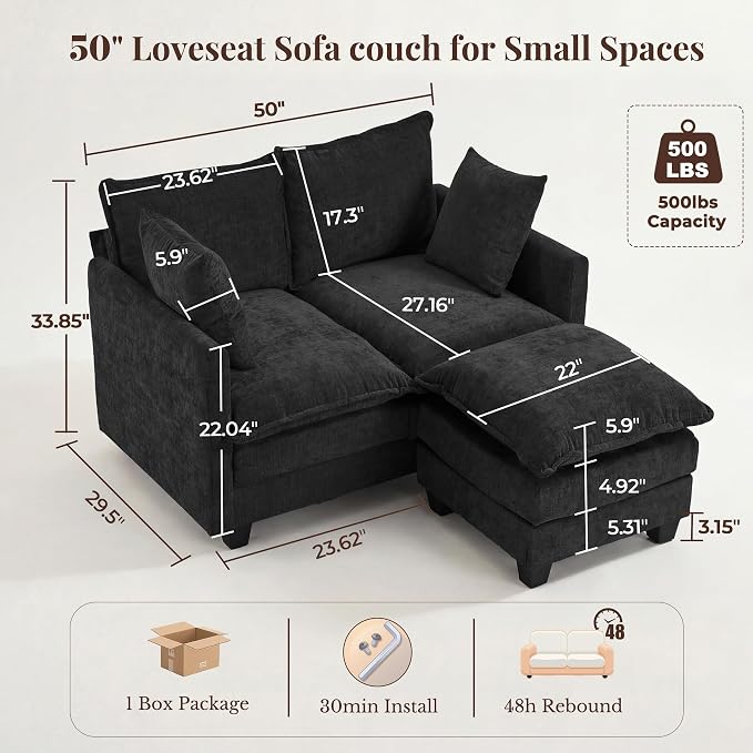 Loveseat Sofa with Ottoman, Cloud 3-Layer Cushion, Living Room, in a Box - Image 2