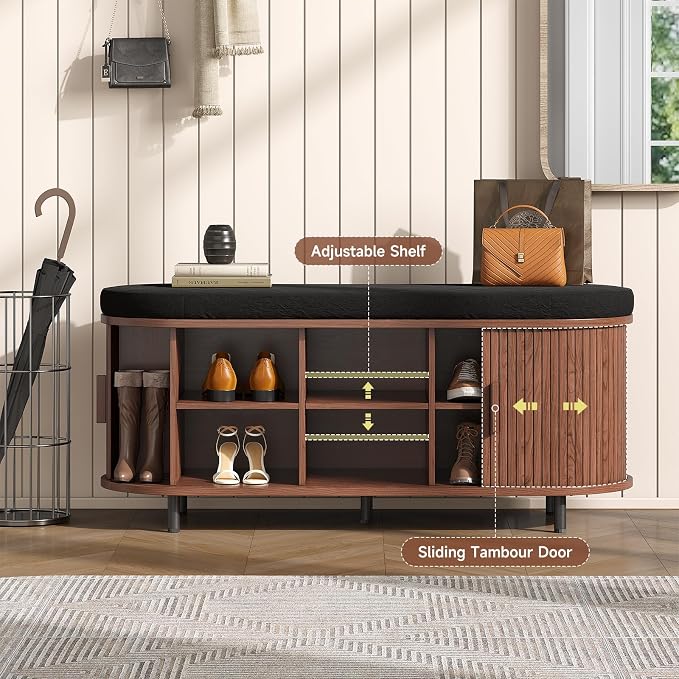 Oval Shoe Storage Bench with Padded Seat Cushion, 2-Tier Fluted Shoe Cabinet - Image 7