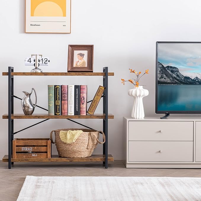 HCHQHS Bookshelf, 3-Tier Industrial Bookcase, Rustic Open Book Shelf, Wood and - Image 4