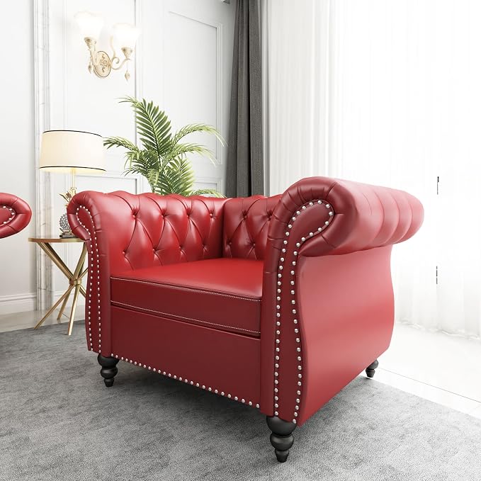 ORRD 2 Piece Living Room Set, Chesterfield Leather Sofa Loveseat Couch Chair - Image 6