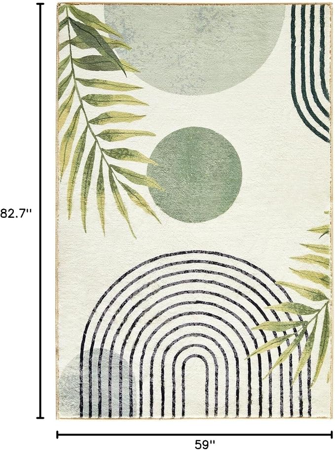 RoomTalks Mid Century Modern Washable Rug, Abstract Tropical Leaves Thin Shaggy - Image 2