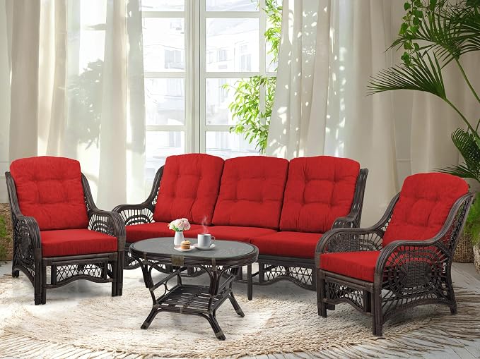 Malibu Lounge Set of 4: 2 Natural Rattan Wicker Chairs, Three-Seater Sofa by Wickerix