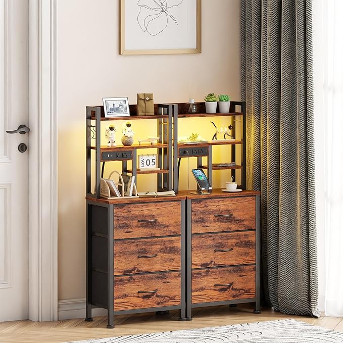 Furnulem Tall Night Stand with LED & USB Ports, 45.3inch Nightstand with Open - Image 2