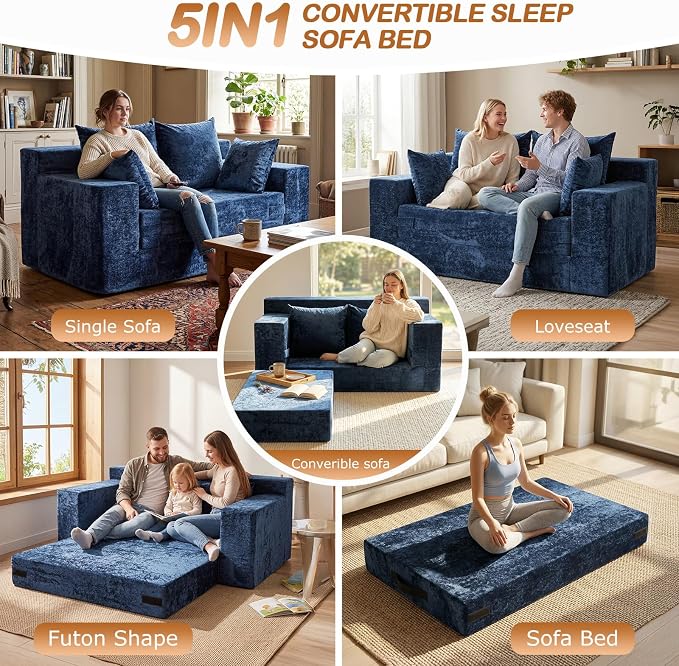 Loveseat Sofa Bed, Convertible Silky Velvet 5-in-1 Foldable Boneless Sleeper - Image 3
