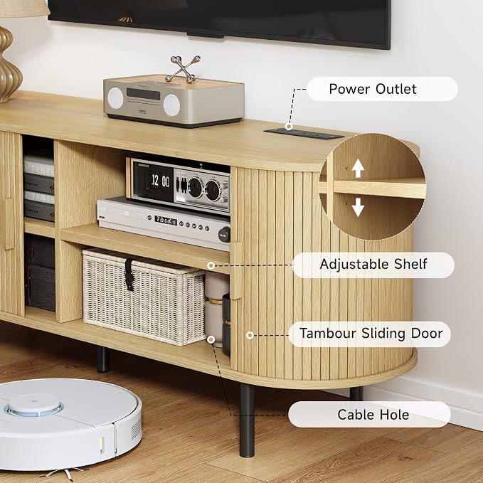 70.8" TV Stand with Power Outlet, Mid-Century Modern Television Stand, Fluted - Image 6