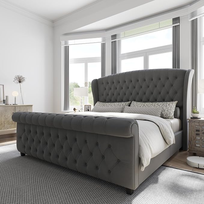 AMERLIFE California King Size Platform Bed Frame, Velvet Upholstered Sleigh Bed by AMERLIFE
