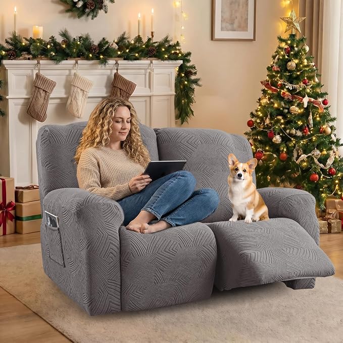 Recliner Loveseat Covers, 4-Piece Stretch Geometric Strokes Jacquard Reclining - Image 5