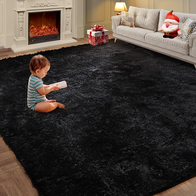 KNZE Super Soft Area Rugs for Living Room 5x7 Black, Fluffy Furry Shaggy Fuzzy by KNZE