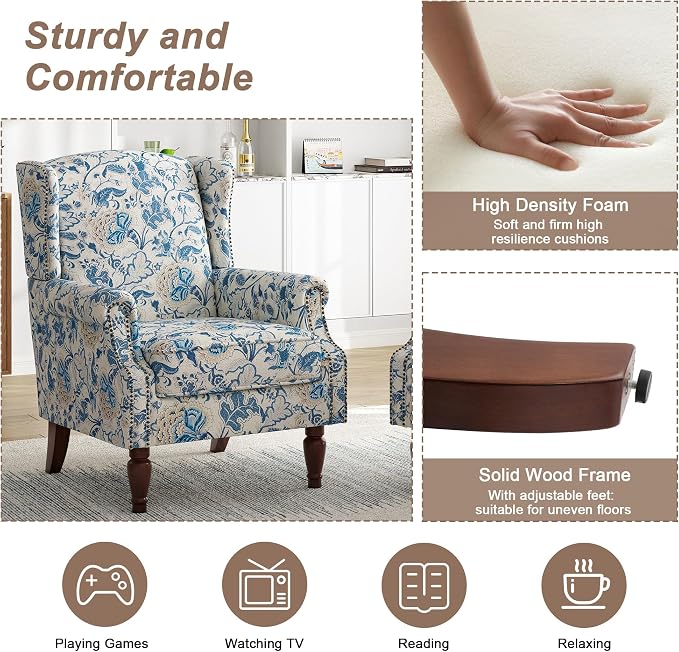 Pia Ricco Set of 2 Floral Accent Chairs, High Back Upholstered Armchairs - Image 4