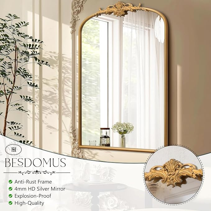 Besdomus Antique Arched Wall Mirror: 24"x36" French Large Arch Gleaming Gold - Image 7