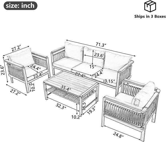 VilroCaz 4 Pieces Outdoor Sectional Sofa Set, All-Weather Patio Seating Group - Image 3