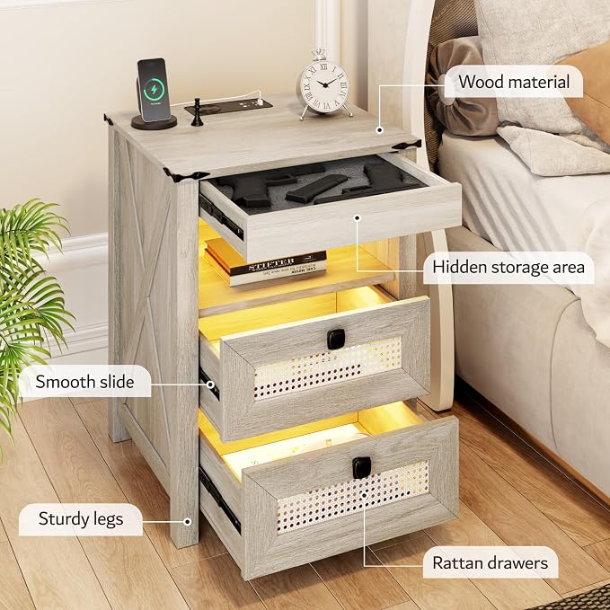 Farmhouse Night Stand with Gun Drawer, Bedside Table with Charger Station - Image 6