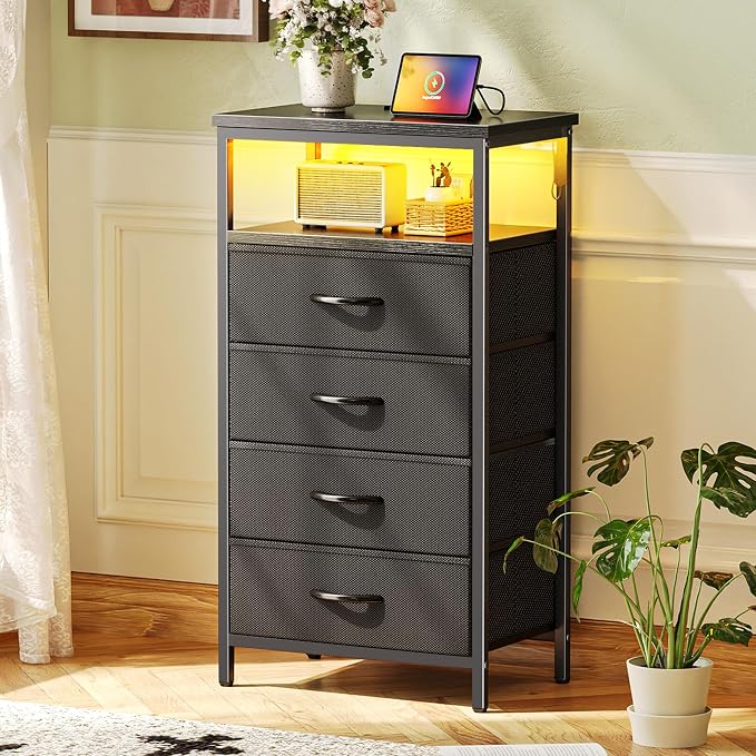 Huuger Night Stand with Charger Station and LED Lights, 4 Drawer Nightstand - Image 2