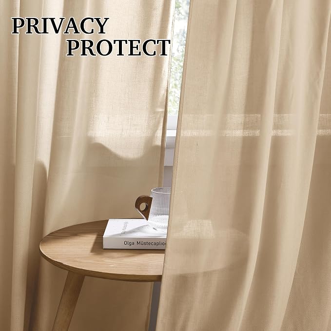 RYB HOME Camel Linen Sheer Curtains 95 inches Length, Aesthetic Light Filtering - Image 3