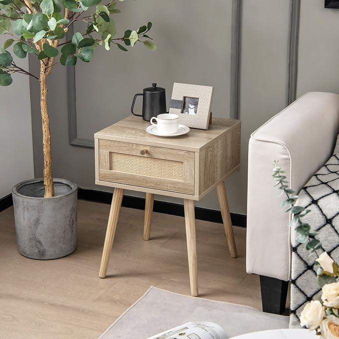 Giantex Boho Rattan Nightstand, Mid Century Wood Night Stands - Image 2
