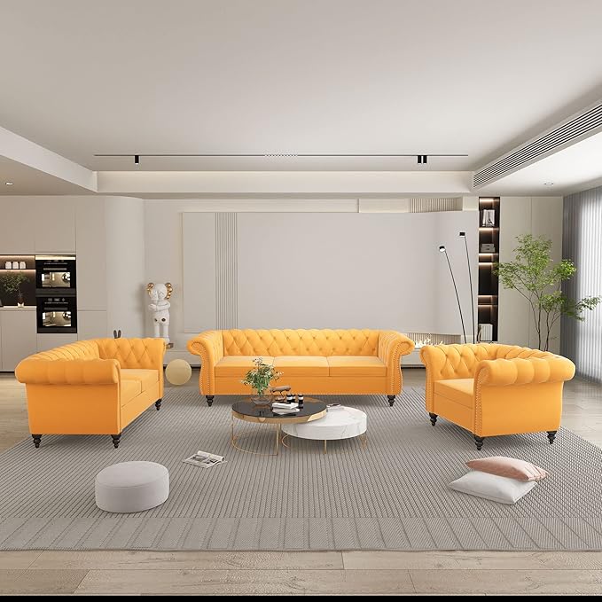 QHITTY 3 Piece Living Room Set, Sectional Chesterfield Sofa Chair Contemporary by QHITTYFurnitureLife