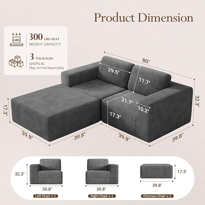 Vesgantti 80" Modular Sectional Sofa, Corduroy Cloud Couch - Image 2