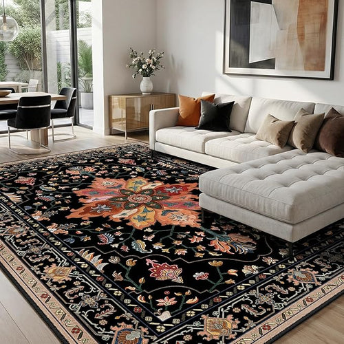 Area Rugs 8'x10' Washable Non-Slip, Floral Vintage Distress Print Pattern by RELEANY