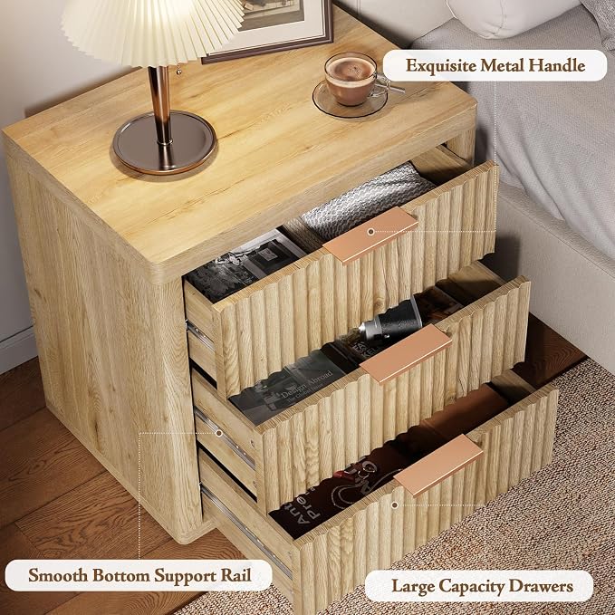 Fluted Nightstand with 3 Drawers, Tall Bed Side Table with Metal Handle - Image 4