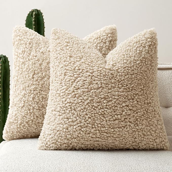 Faux Fur Throw Pillow Covers 18x18 Inch Set of 2 Boucle Neutral Decorative by Woaboy