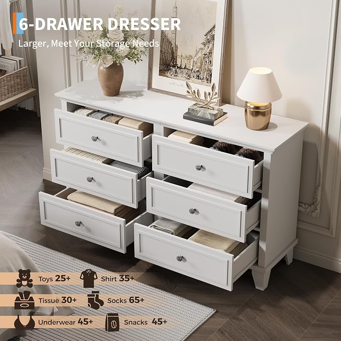 IDEALHOUSE 6 Drawer Dresser, Wooden Storage Chest of Drawers - Image 5