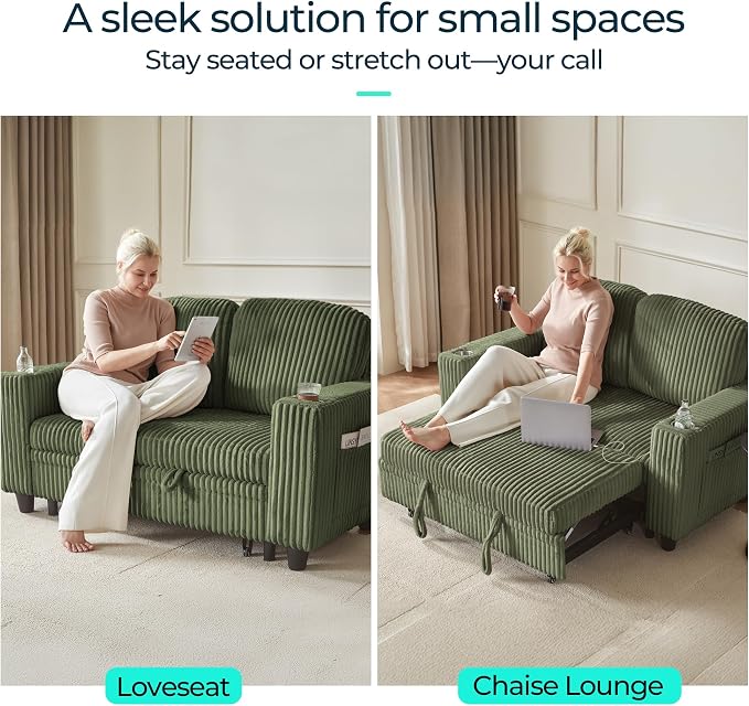 LINSY HOME Loveseat Sofa with Pull Out Couch Chaise: 2-in-1 Convertible 2 - Image 4