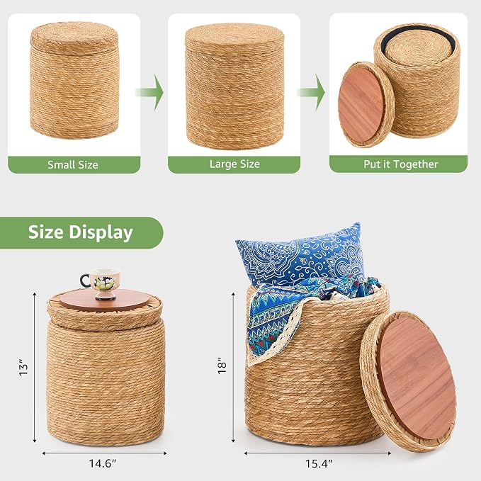 Wimarsbon Round Pouf Ottomans, Handwoven Natural Water Hyacinth Seagrass Pouffe - Image 3