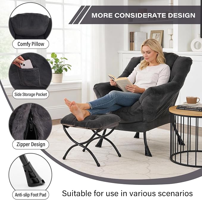 MBOOYOME Lazy Chair with Folding Ottoman, Modern Accent Lounge Armchair with - Image 4
