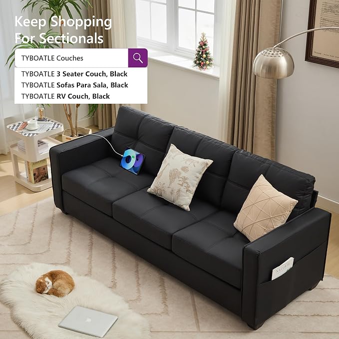 TYBOATLE 88" W Faux Leather Couches w/USB, Tufted Mid-Century Modern Comfy - Image 8